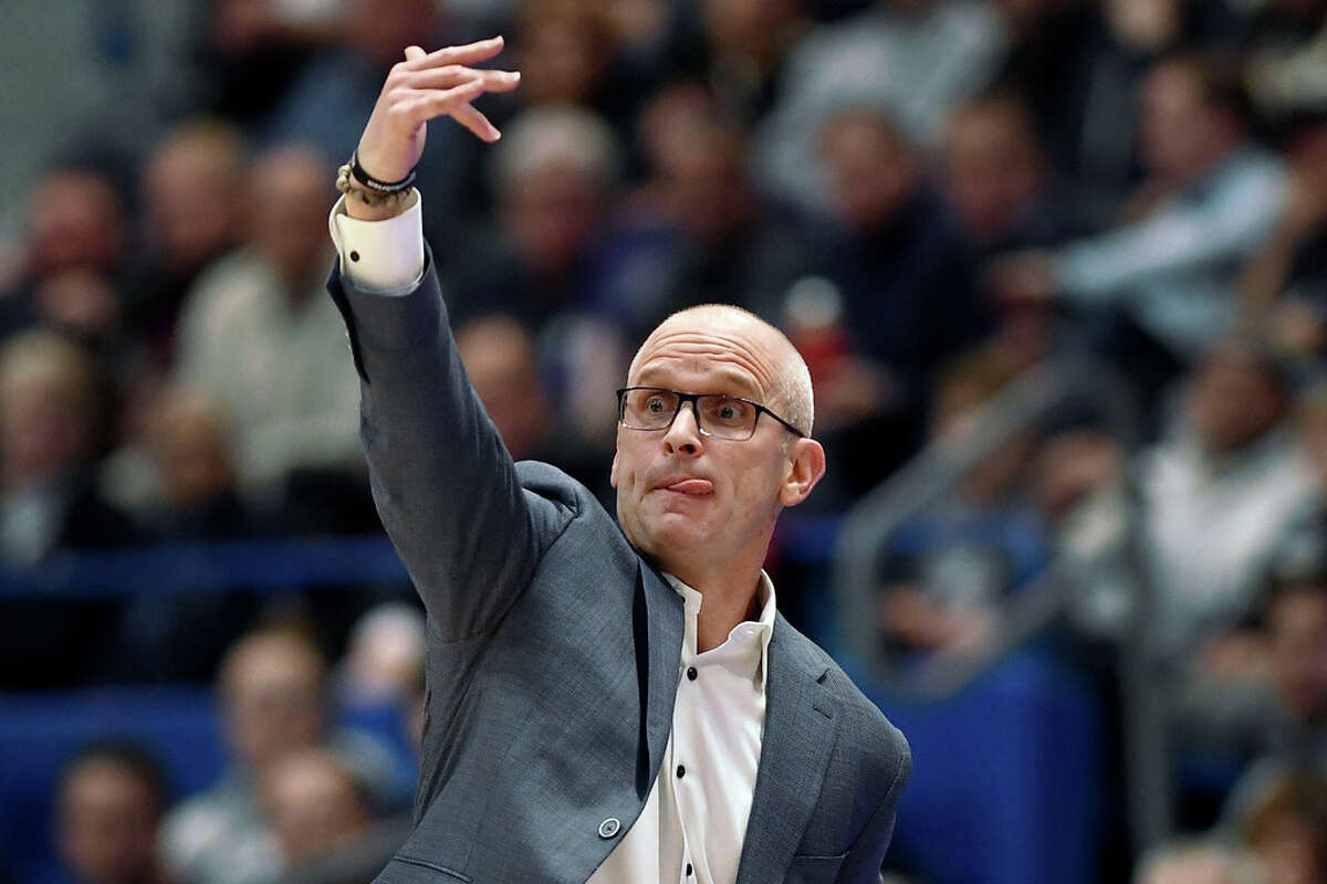 UConn head coach Dan Hurley gestures in the first half of an NCAA college basketball game against Marquette, Tuesday, Feb. 7, 2023, in Hartford, Conn. (AP Photo/Jessica Hill)