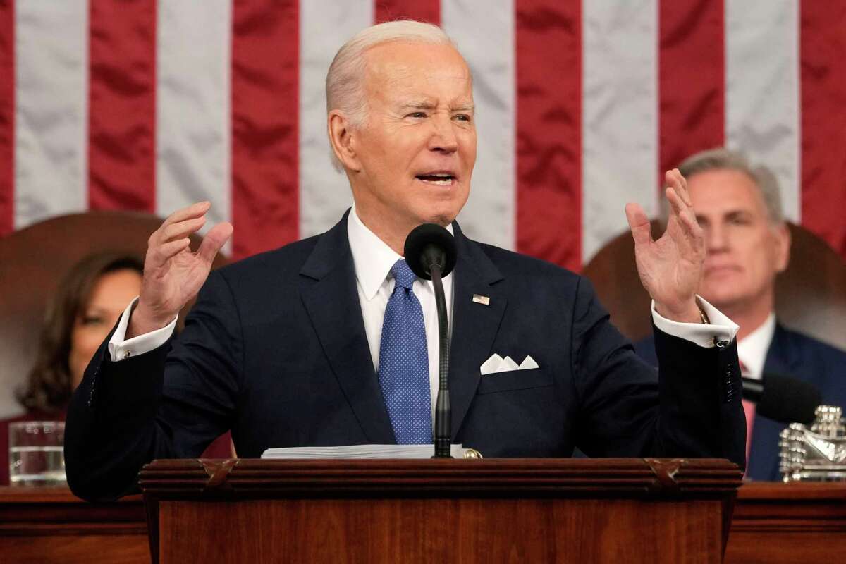 President Joe Biden delivers the State of the Union address to a joint session of Congress at the U.S. Capitol on Tuesday, Feb. 7, 2023, in Washington, D.C., as Vice President Kamala Harris (left) and House Speaker Kevin McCarthy of Calif. listen.