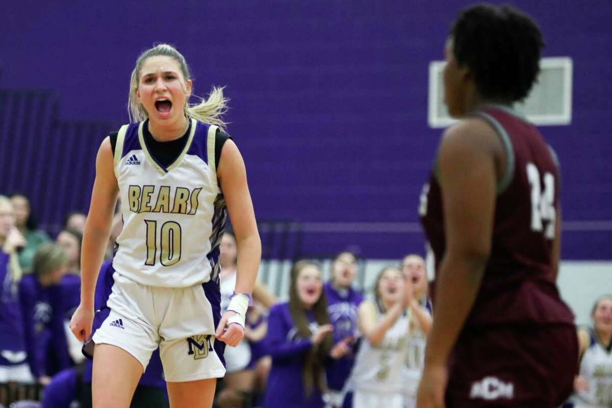 Montgomery's Savannah Piro (10) reacts after Janessa Tennison drew a foul during the second quarter of a District 21-5A high school basketball game at Montgomery High School, Tuesday, Feb. 7, 2023, in Montgomery.