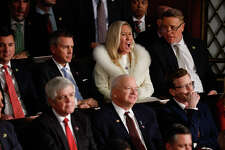 Rep. Marjorie Taylor Greene (R-GA) reacts during President Joe Biden's State of the Union address during a joint meeting of Congress in the House Chamber of the U.S. Capitol on February 07, 2023 in Washington, DC.