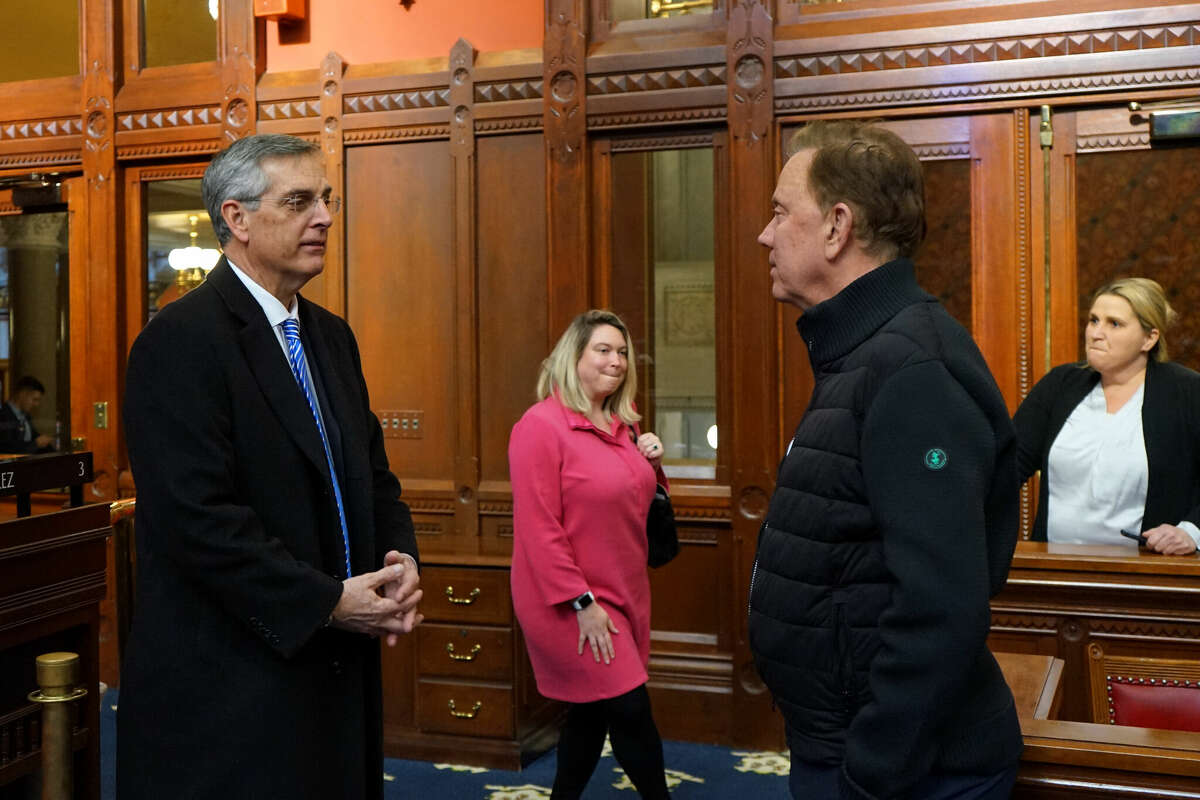 In the Hall of the House, a chance meeting when Raffensperger was getting a tour and Gov. Ned Lamont was doing a run through of his speech on Tuesday. Lamont thanked him for saving democracy.