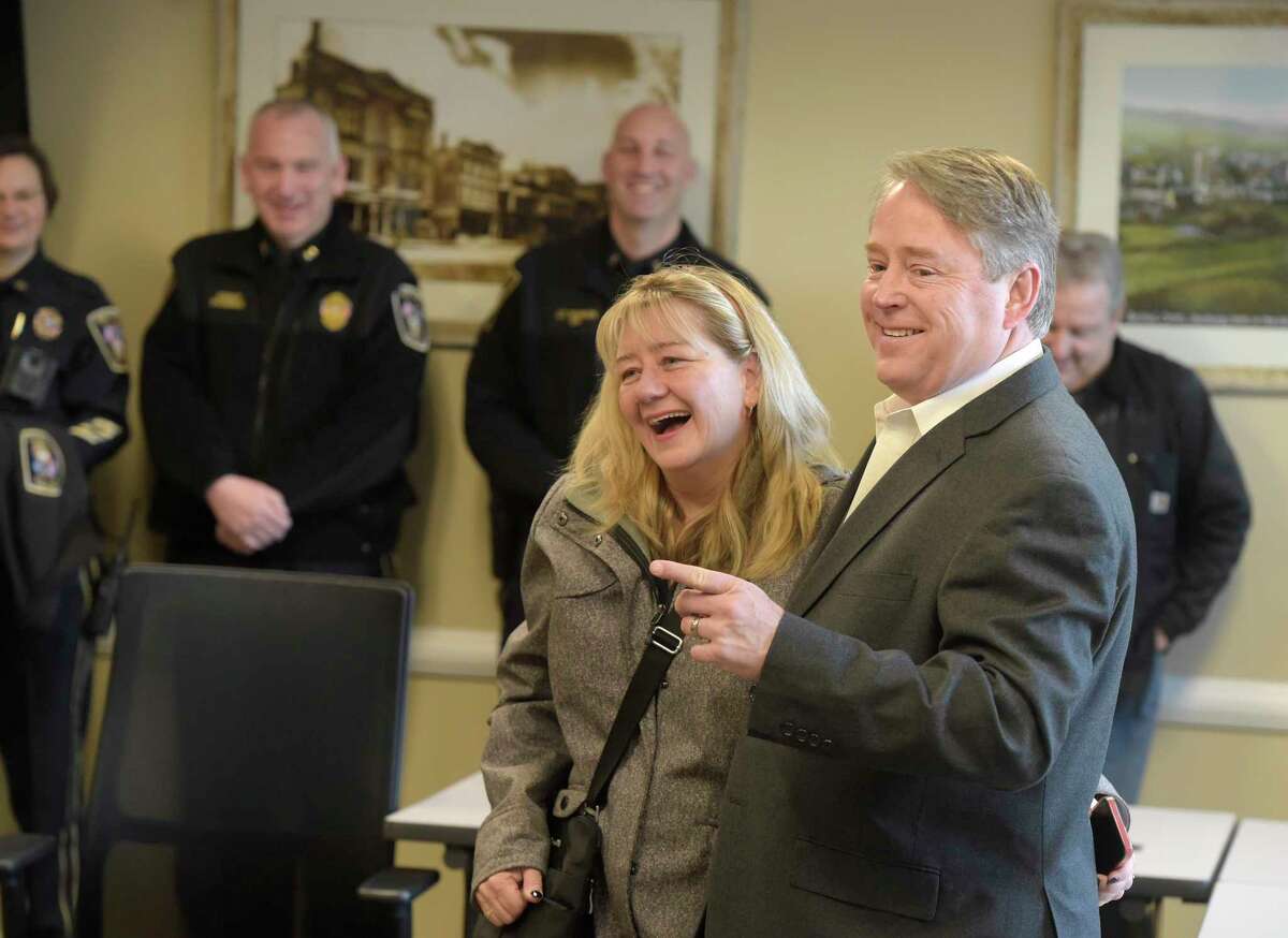 Dan Carter, who was sworn in as the new first selectman of Bethel on Wednesday morning, enjoys a moment with his wife, Jane McBride-Carter, during the ceremony at the Municipal Center. Carter was declared the winner of the town’s special election on Tuesday.