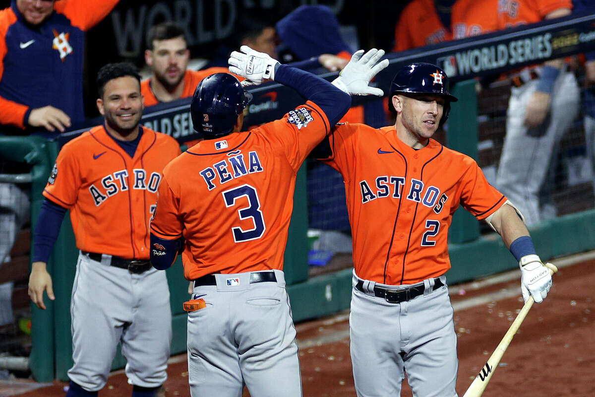 Jeremy Pena #3 of the Houston Astros celebrates with teammate Alex Bregman #2 after hitting a home run against the Philadelphia Phillies during the fourth inning in Game Five of the 2022 World Series at Citizens Bank Park on November 03, 2022 in Philadelphia, Pennsylvania.