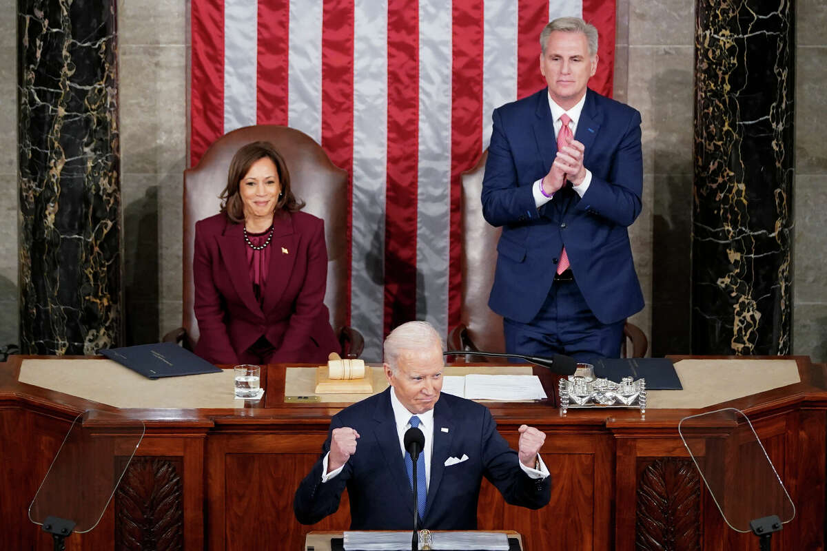 Vice President Kamala Harris and Speaker of the House Kevin McCarthy of Calif., listen as President Joe Biden delivers his State of the Union address to a joint session of Congress at the Capitol, Tuesday, Feb. 7, 2023, in Washington.  