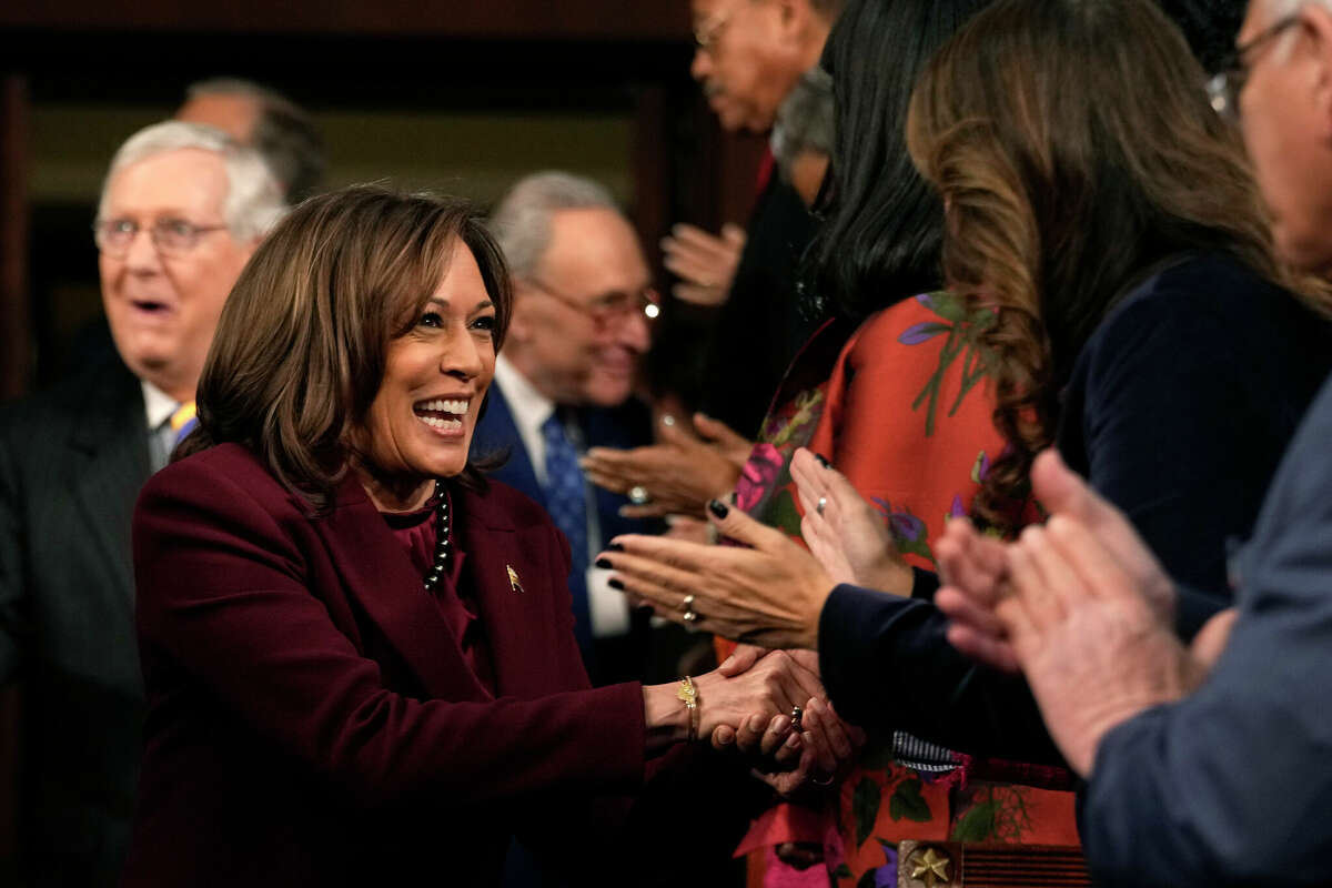 Vice President Kamala Harris arrives before the State of the Union address on Feb. 7, 2023, in the House Chamber of the U.S. Capitol in Washington, D.C. 