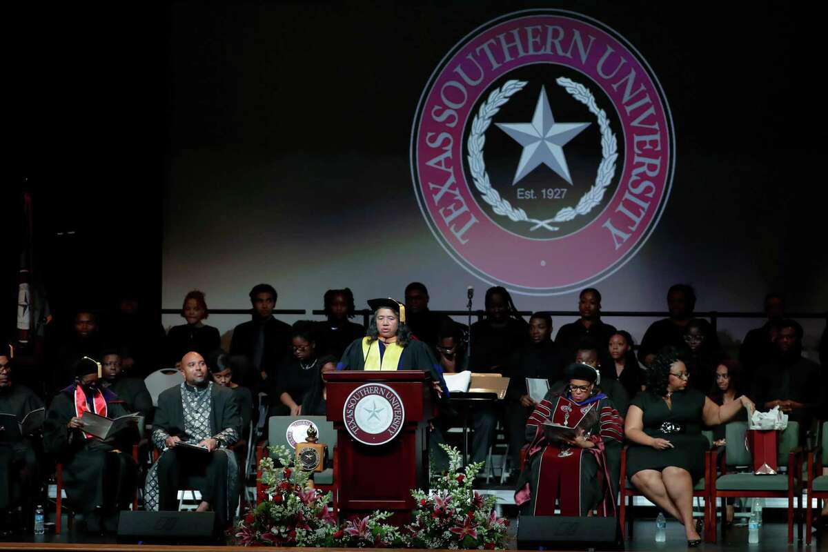 Dr. Needha Boutte-Queen, at podium, Texas Southern University acting provost, speaks during the 2023 Black History Convocation held in the Granville Sawyer Auditorium on campus Wednesday, Feb. 8, 2023 in Houston, TX.