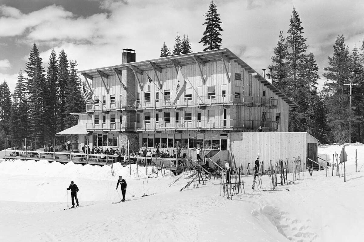Skiers at the Suger Bowl Lodge in Tahoe National Forest, California.