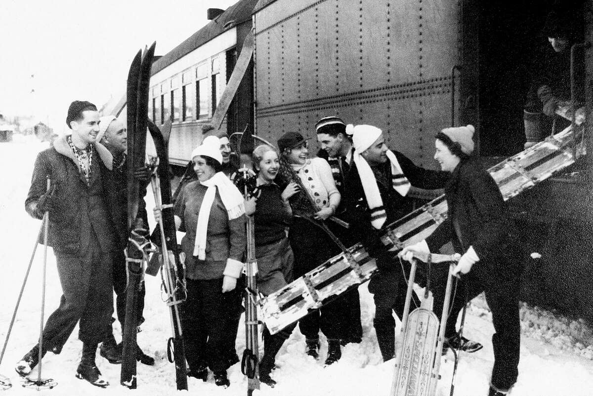Skiers arriving at Sugar Bowl on the Snowball Special, Jan. 16, 1947.