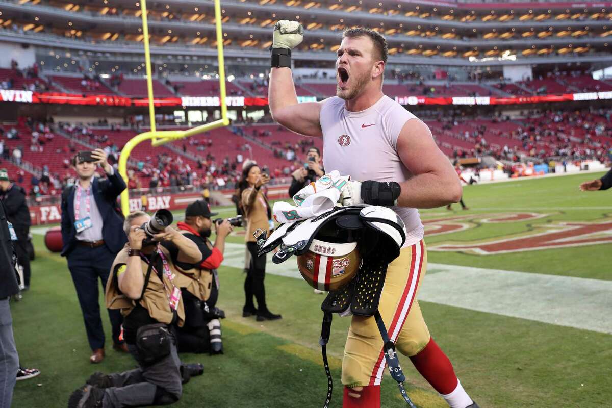 Mike McGlinchey of the San Francisco 49ers in the locker room