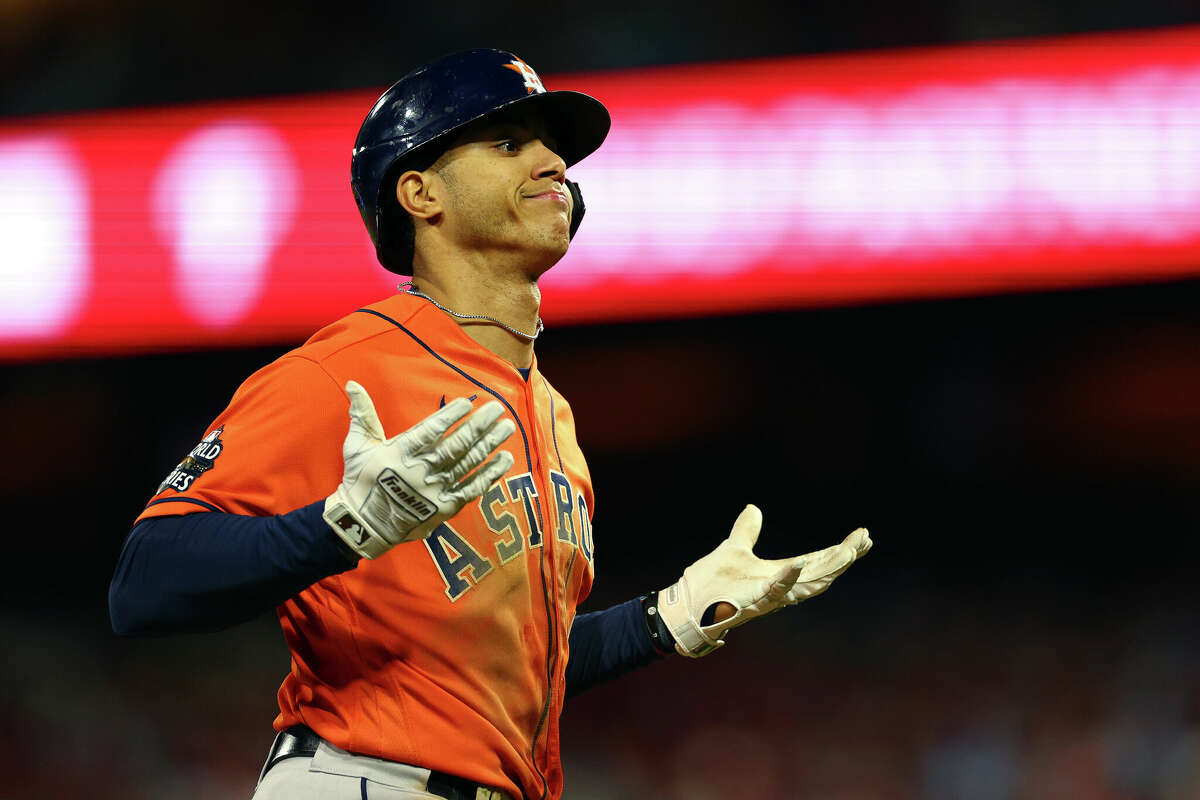 Jeremy Pena #3 of the Houston Astros celebrates after hitting a home run against the Philadelphia Phillies during the fourth inning in Game Five of the 2022 World Series at Citizens Bank Park on November 03, 2022 in Philadelphia, Pennsylvania.