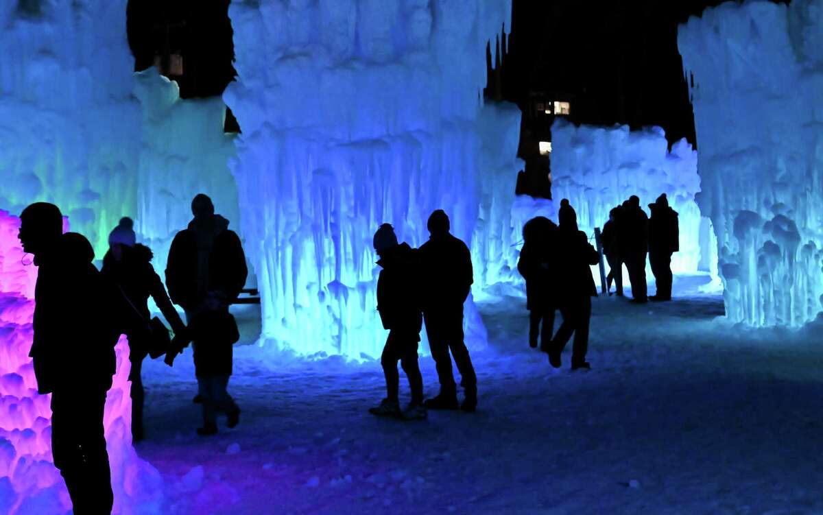 A crowd of people at the Ice Castles exhibit on Wednesday, Feb. 8, 2023, in Lake George, NY.