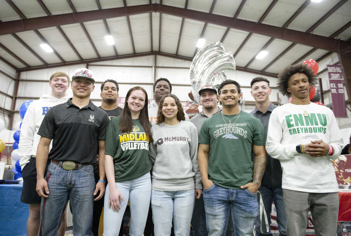 Ten Legacy athletes signed with colleges on Feb. 8. Pictured in the top row are Eli Price (Blinn College football), Girevis Bobey (UTPB football), Nigel Wallace (UTPB football), Chase Barton (Mary-Hardin Baylor football) and Jace Martinez (Hardin-Simmons baseball). Pictured on the bottom row are Mario Serrano (Sul Ross State football & rodeo), Kylee Radwanski (Midland College volleyball), Jazmyn Johnson (McMurry University basketball), Zeke Luna (Eastern New Mexico football) and Deonta Sonnier (Eastern New Mexico football). 