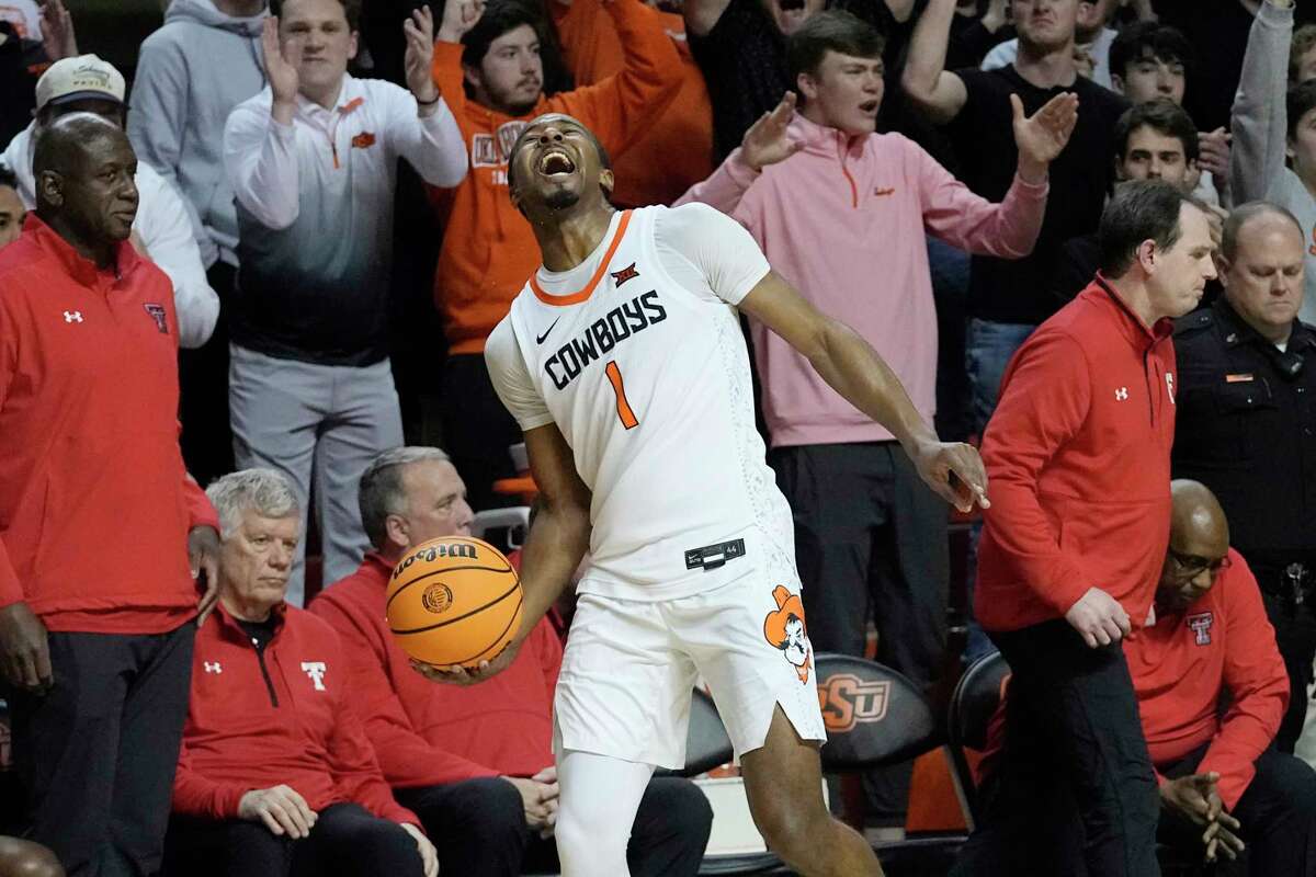 Oklahoma State guard Bryce Thompson (1) celebrates at the end of the game as Oklahoma State defeats Texas Tech in an NCAA college basketball game Wednesday, Feb. 8, 2023, in Stillwater, Okla.