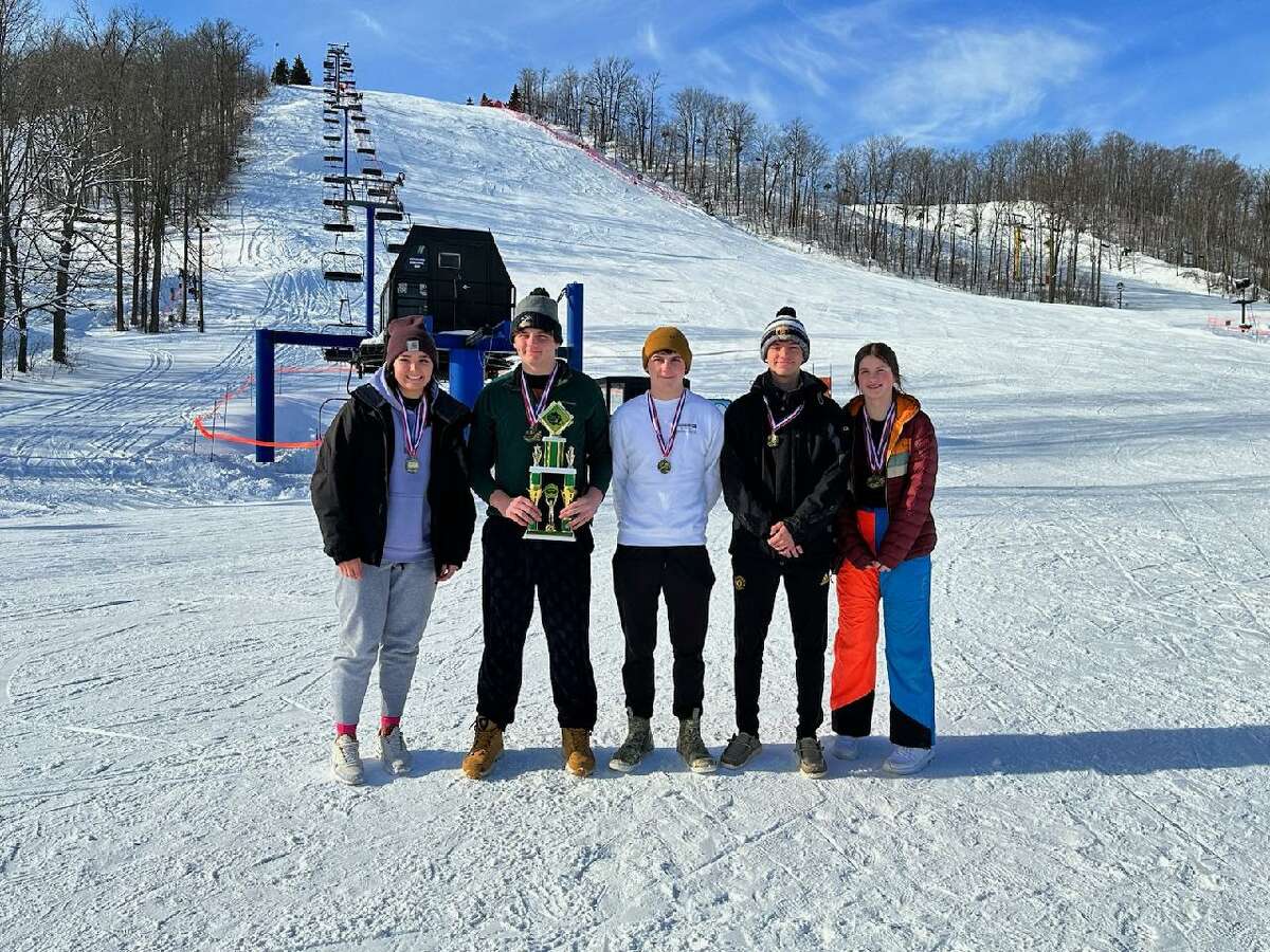 Five Onekama Portager skiers earned medals on Feb. 6 at the Clare Invite. (From left to right: Brekken Cotter, Luke Smith, Braydon Sorenson, Reece Tiel and Aleah Blackmore)
