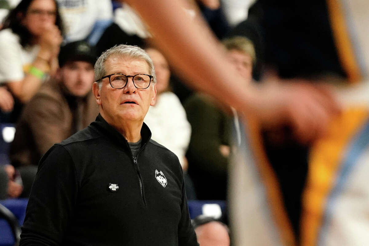 UConn head coach Geno Auriemma watches from the sideline during the second half of an NCAA college basketball game against Marquette Wednesday, Feb. 8, 2023, in Milwaukee. (AP Photo/Aaron Gash)