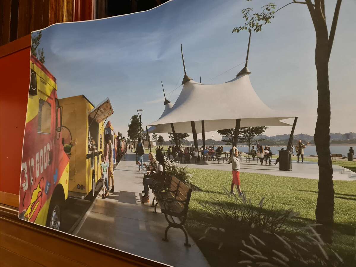 Rendering of a food truck pavilion at Long Wharf Park in New Haven. 