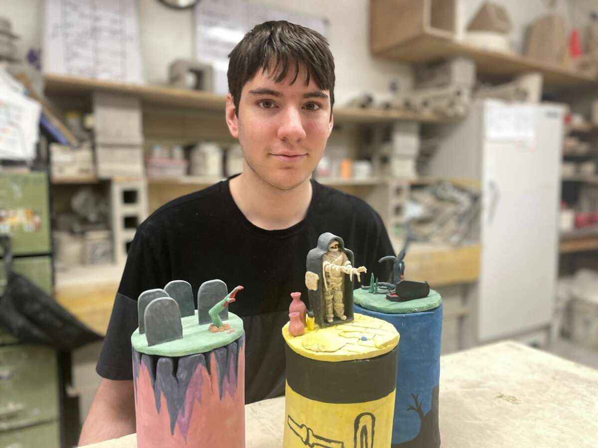 Ethan Payne won a Gold Key award for his ceramic works inspired by classic monsters in the 2023 West Central Michigan Scholastic Art & Writing Competition.
