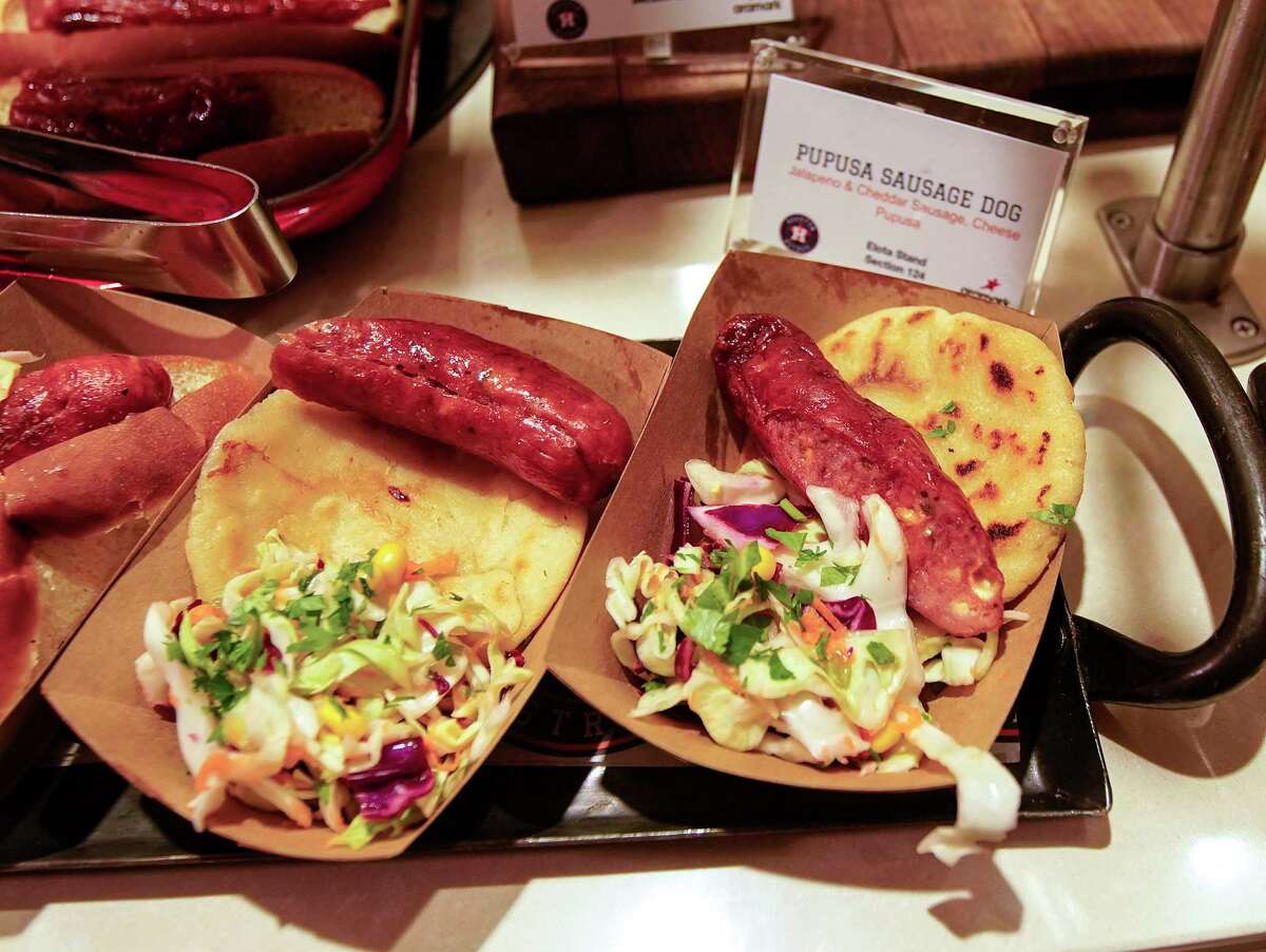 Pupusa Sausage Dogs are a new food item at the ballpark for 2023 as the Astros hosted their annual media luncheon in the Diamond Club at Minute Maid Park on Thursday, Feb. 9, 2023 in Houston.
