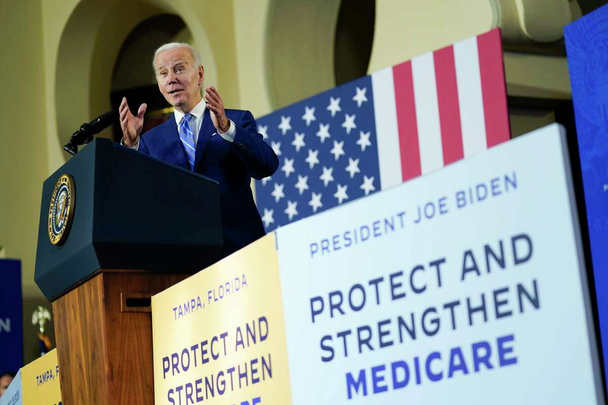 President Joe Biden speaks about his administration's plans to protect Social Security and Medicare and lower healthcare costs, Thursday, Feb. 9, 2023, at the University of Tampa in Tampa, Fla.