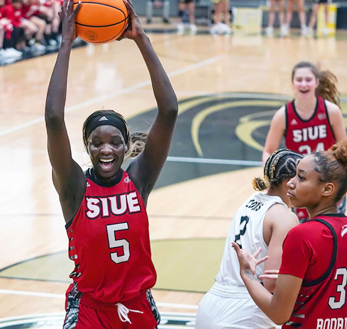 SIUE's  Ajulu Thatha grabs her 25th rebound of the game Thursday against Lindenwod University in St. Charles, Mo.