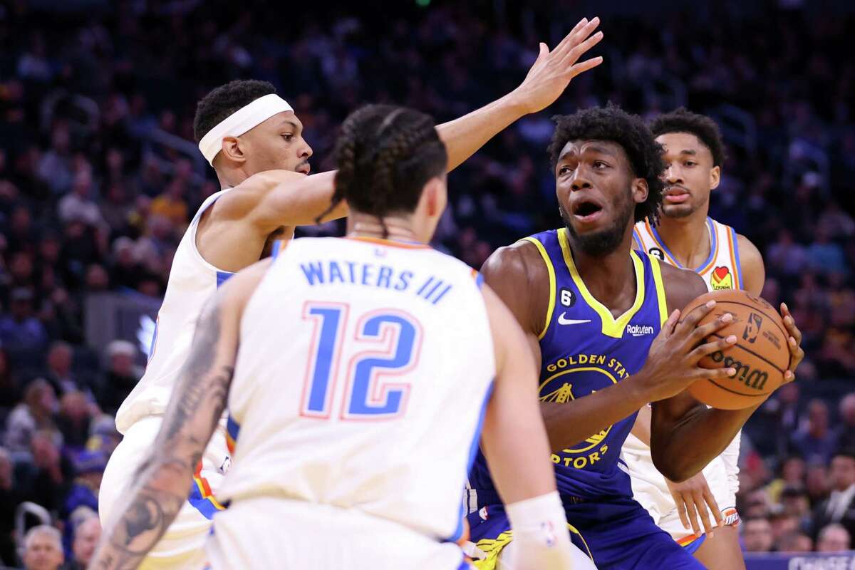 Golden State Warriors’ James Wiseman looks to score against Oklahoma City Thunder during Warriors’ 141-114 win in NBA game at Chase Center in San Francisco, Calif., on Monday, February 6, 2023.