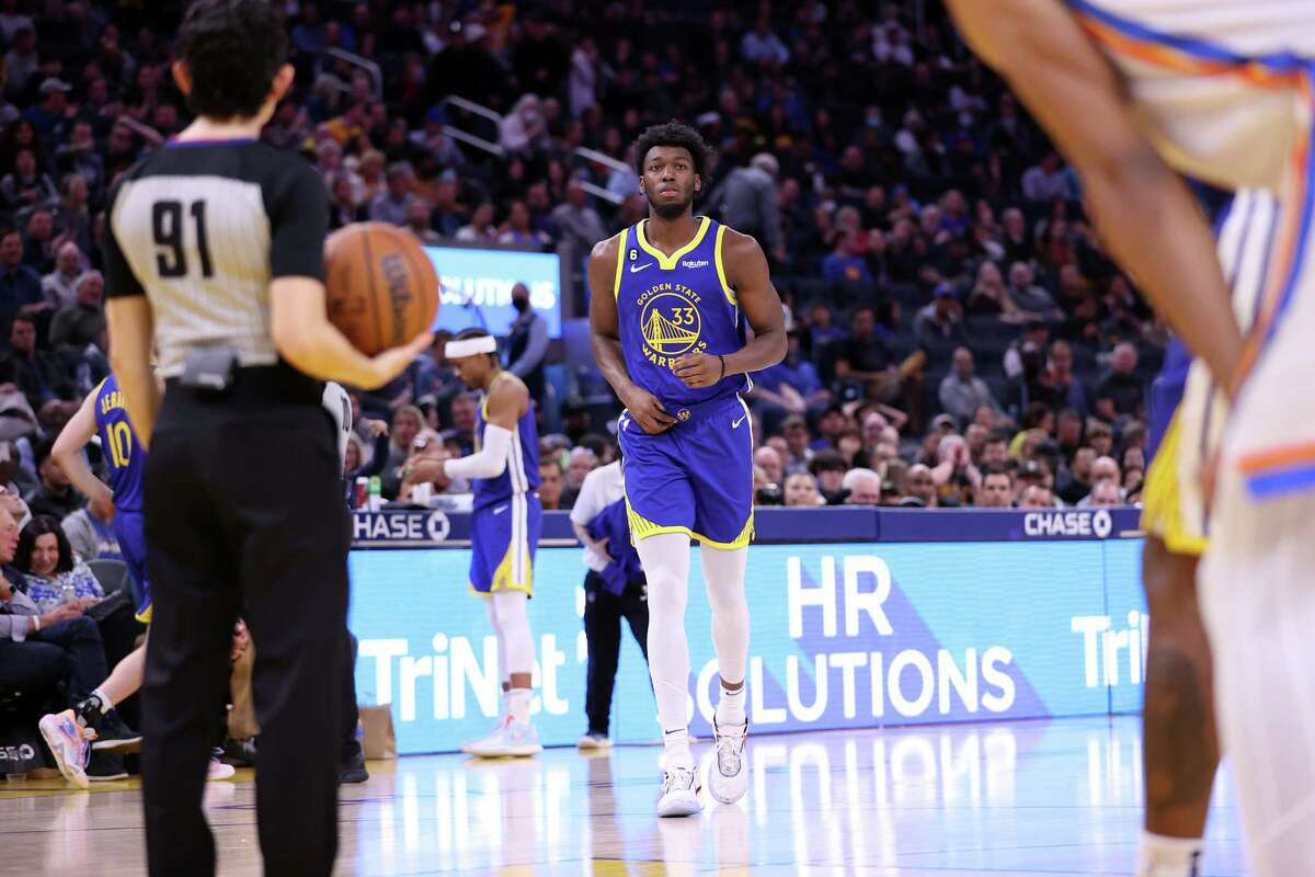 Golden State Warriors’ James Wiseman enters the game against Oklahoma City Thunder during Warriors’ 141-114 win in NBA game at Chase Center in San Francisco, Calif., on Monday, February 6, 2023.