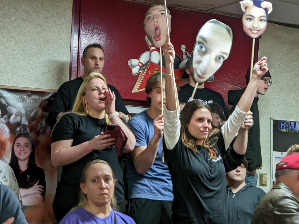 Mohonasen fans show their support Thursday, Feb. 9, 2023, during the Section II girls' bowling championships at Boulevard Bowl in Schenectady. Mohonasen won the Class A title for the second consecutive year.