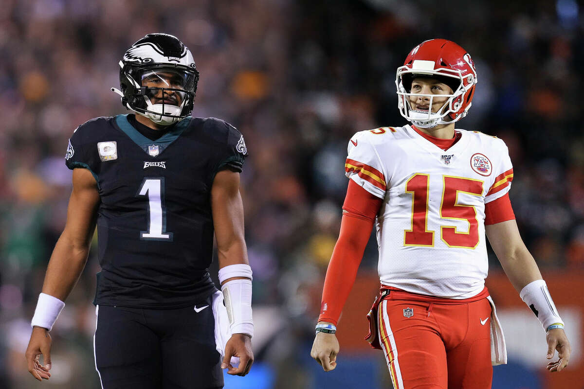 This composite image features quarterback Jalen Hurts #1 of the Philadelphia Eagles (L) and quarterback Patrick Mahomes #15 of the Kansas City Chiefs (R). They will meet in Super Bowl LVII on February 12, 2023 at State Farm Stadium in Glendale, Arizona.