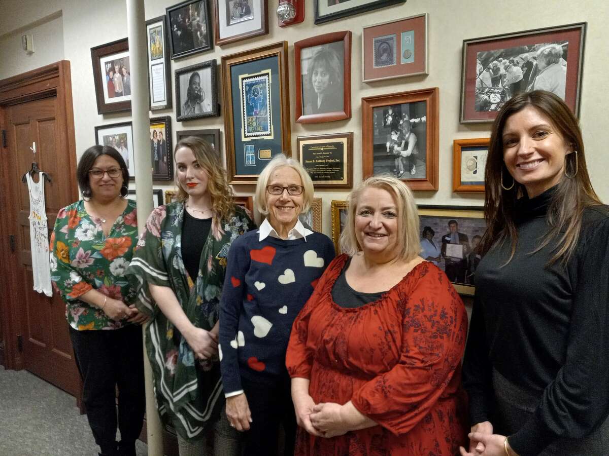 The Torrington-based Susan B. Anthony Project, which helps families and individuals survive domestic violence, is marking its 40th year. From left are Development Director Gina Devaux, housing program representative Laura Mancini; board Vice President Nancy Boland; Executive Director Jeanne Fusco; and housing program manager Megan Smart. 