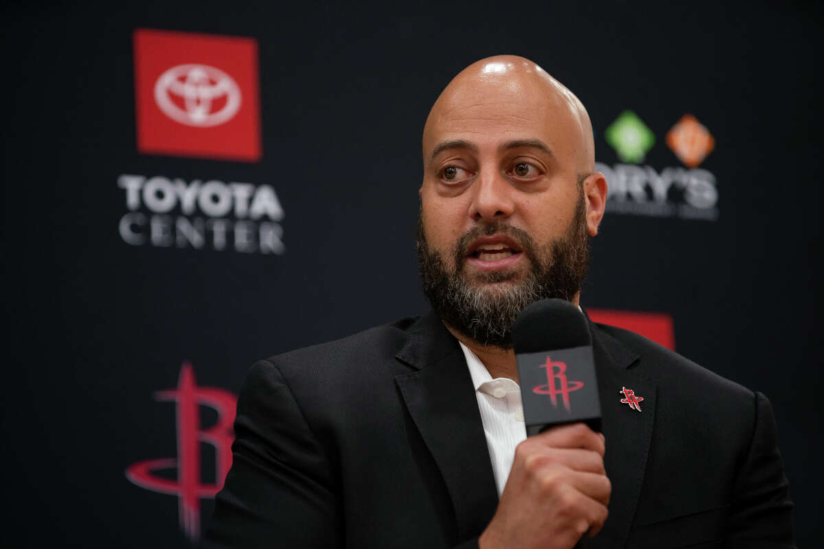 Rockets general manager Rafael Stone speaks during an introductory press conference for the players the Rockets drafted on Thursday, Friday, July 30, 2021, at Toyota Center in Houston.