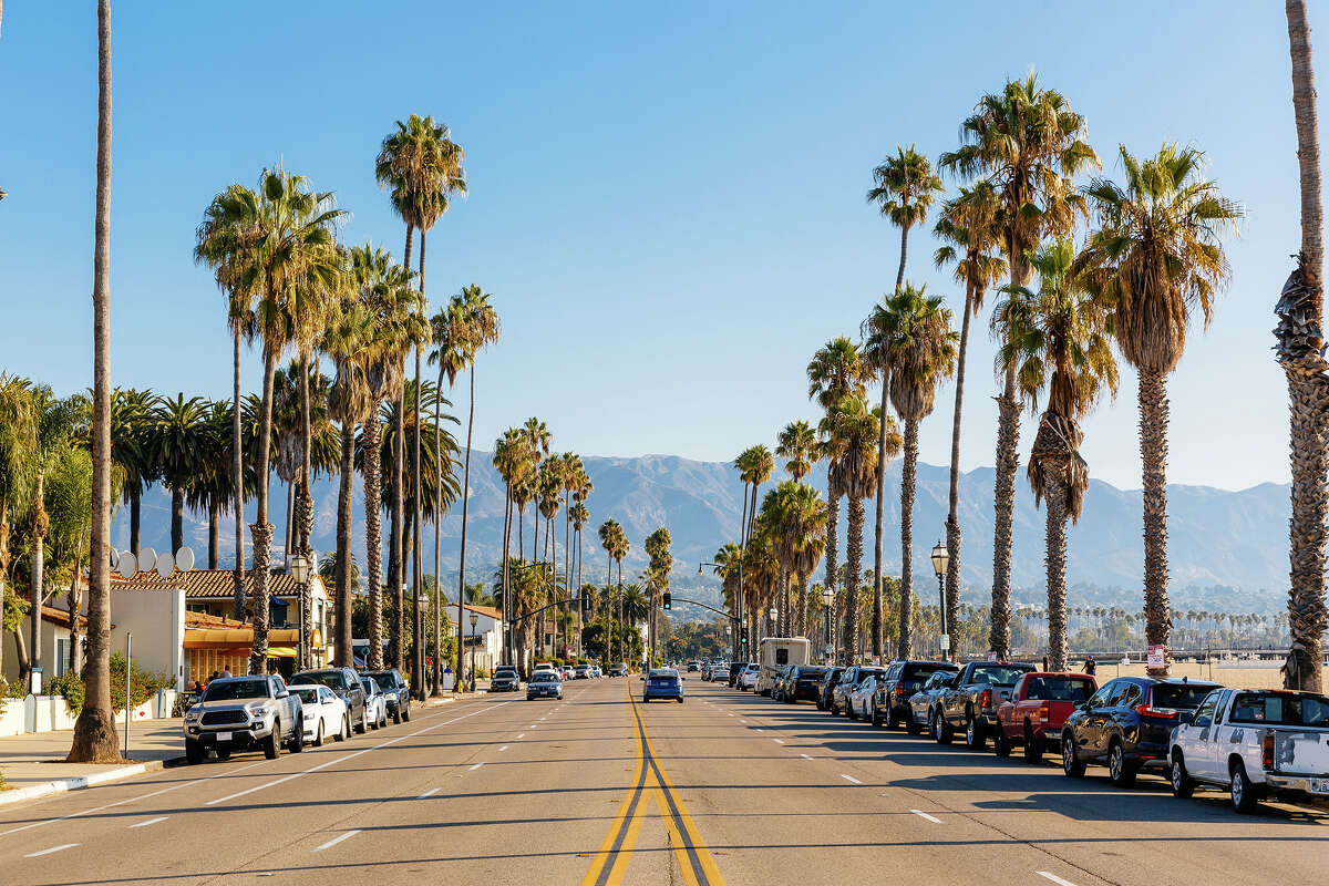 The road to Four Seasons Resort The Biltmore in Santa Barbara is lined with palm trees. 