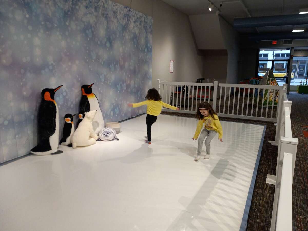 Sisters Eleanor and Sadie Williams take a slide at the Polar Pond at KidsPlay Children's Museum.