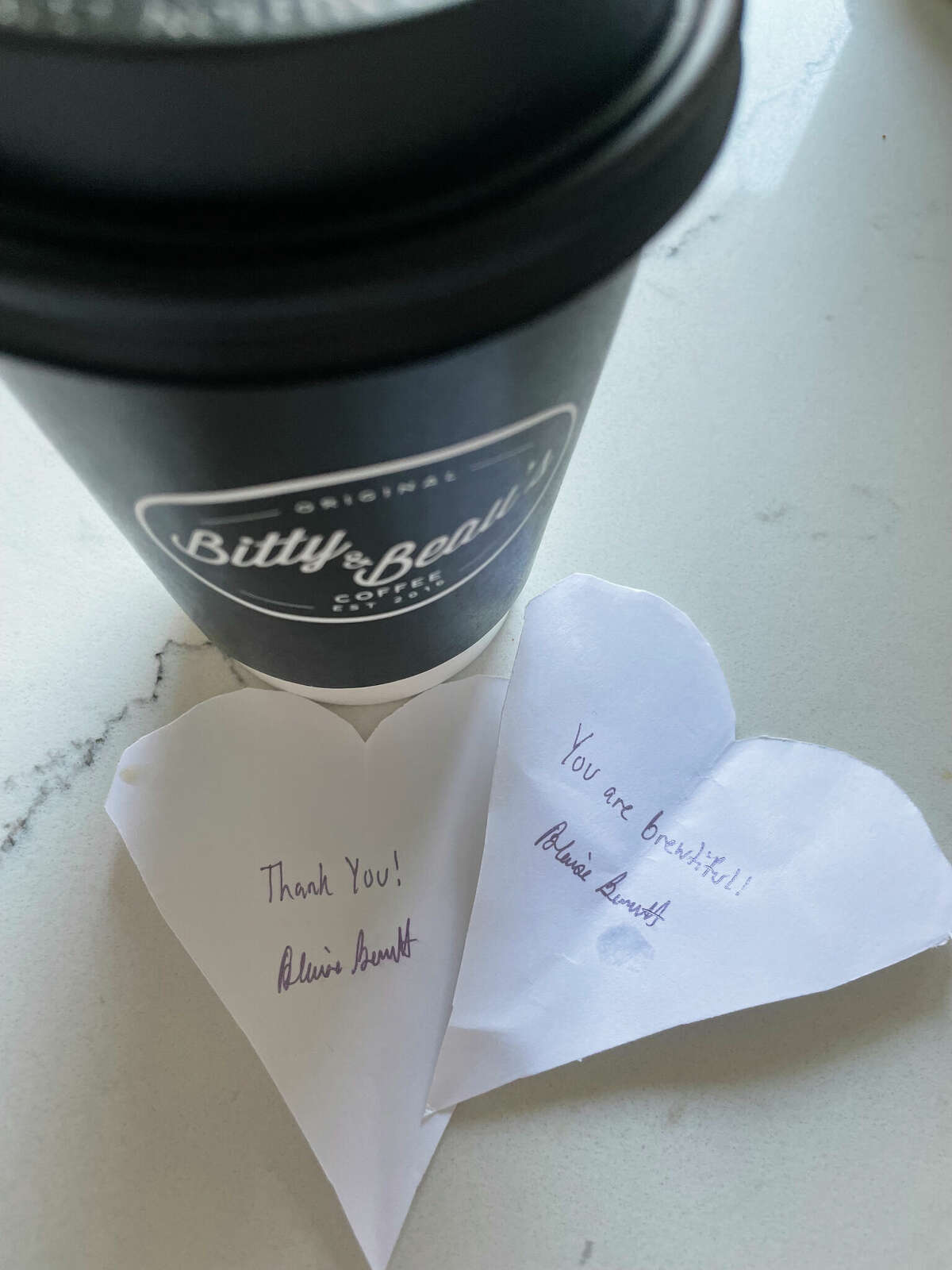 When you pick up your order at Bitty and Beau's, you get a heart cut-out with a hand-written message.