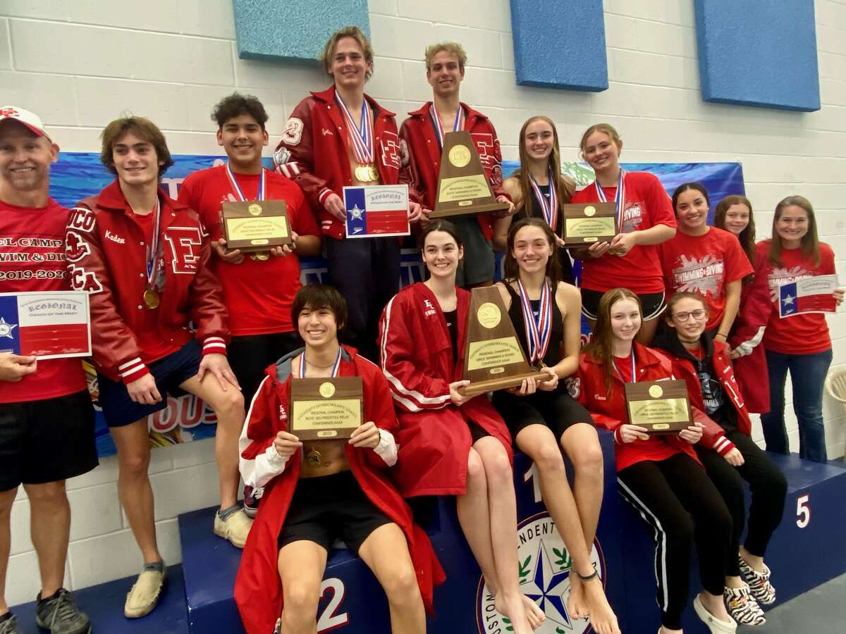The El Campo swimming and diving teams, pictured celebrating their Region III-4A championships this season, finished third in the girls standings and ninth in the boys standings at the first UIL Class 4A state championships.
