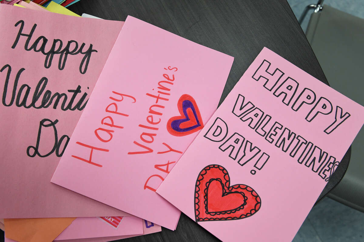 Students from Trumbull Public Schools have created hundreds on hand-made cards that will be delivered to seniors around town on Valentine’s Day, seen here in Trumbull, Conn. Feb. 10, 2023.