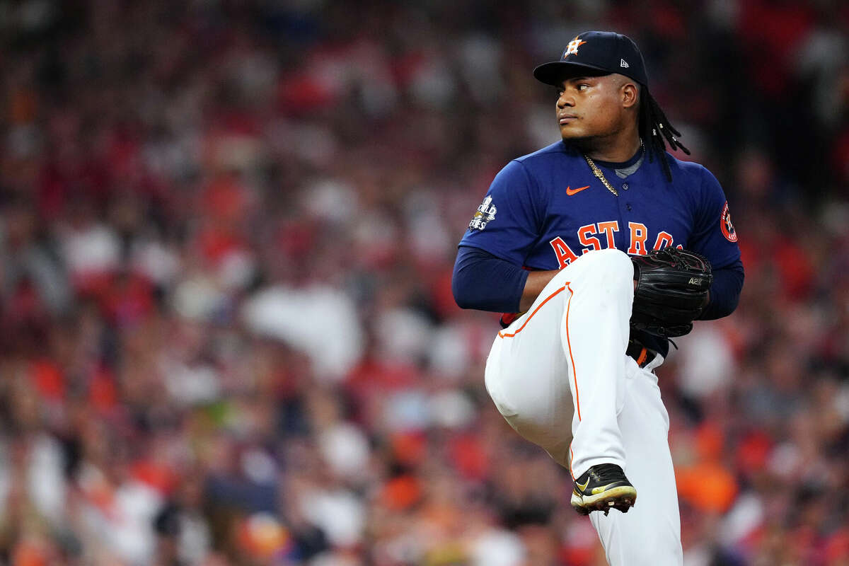 HOUSTON, TX - NOVEMBER 05: Framber Valdez #59 of the Houston Astros pitches in the first inning during to Game 6 of the 2022 World Series between the Philadelphia Phillies and the Houston Astros at Minute Maid Park on Saturday, November 5, 2022 in Houston, Texas. (Photo by Daniel Shirey/MLB Photos via Getty Images)