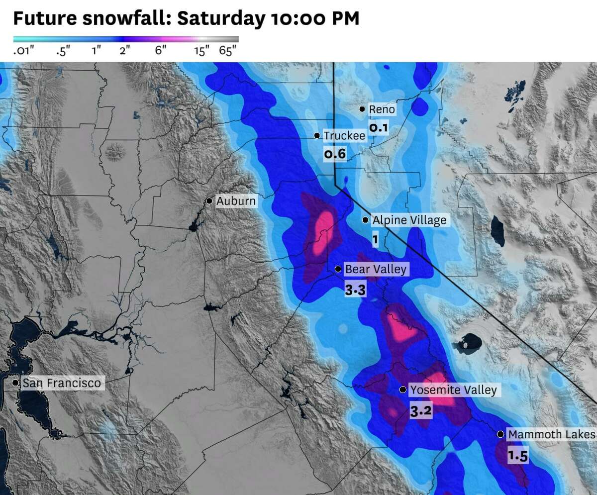 美国气象模型预测整个内华达山脉的降雪总量，本周六在Sierra山麓可能会有少量的积雪。在海拔较高的优胜美地山谷附近，总降水量可能超过3英寸。