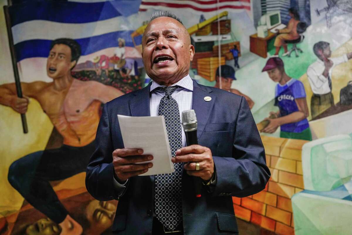 Crecen executive director Teodoro Aguiluz speaks at the launch of Radio Jornalera, a Spanish-language radio station geared towards migrant workers on Saturday, Feb. 11, 2023, in Houston.