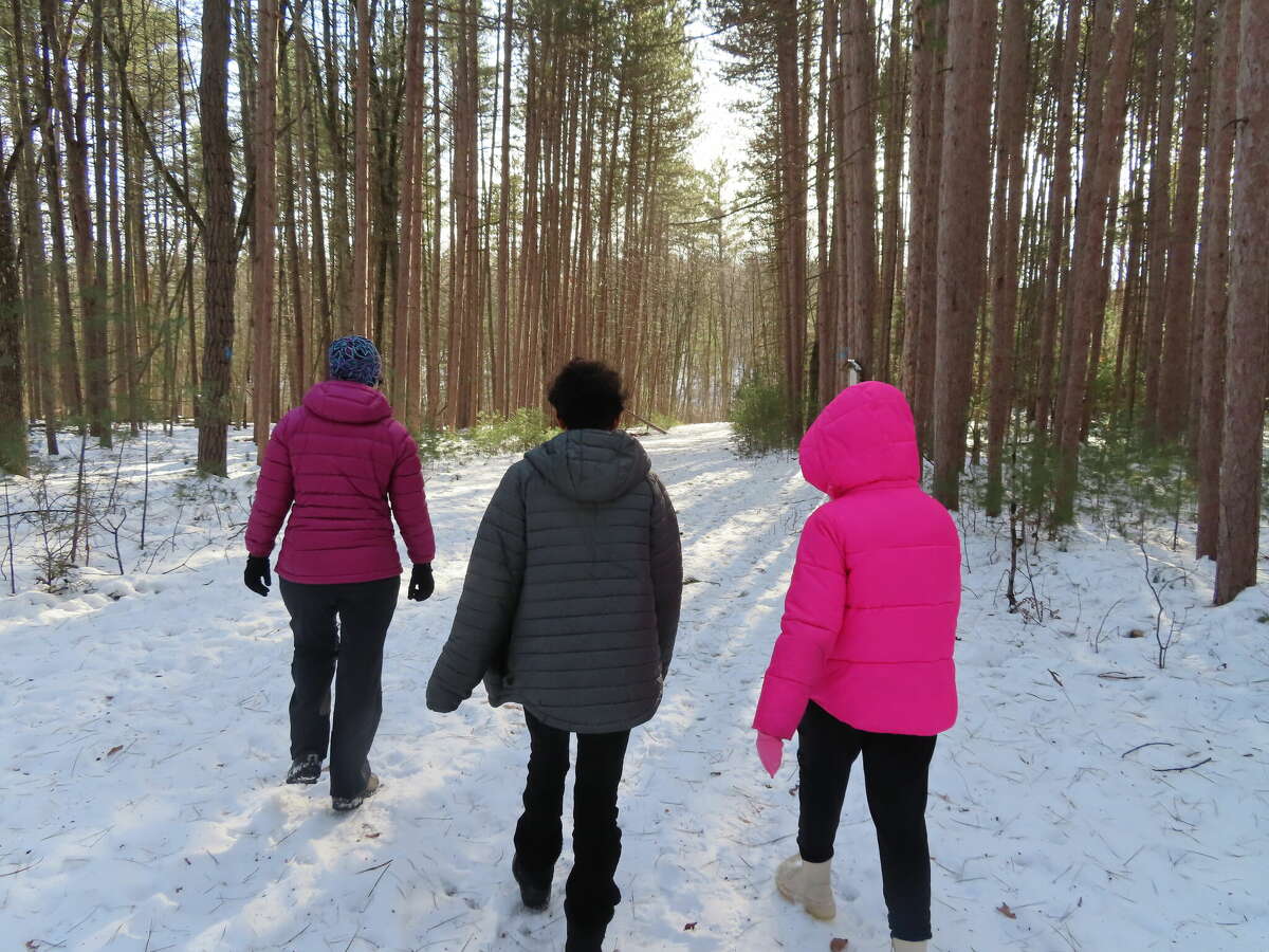 Outdoors writer Gillian Scott, left, walks with two teens through Woods Hollow Nature Preserve in Milton.