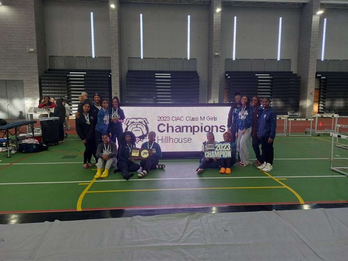 Hillhouse girls celebrate winning the CIAC Class M Indoor Track Championships team title 
