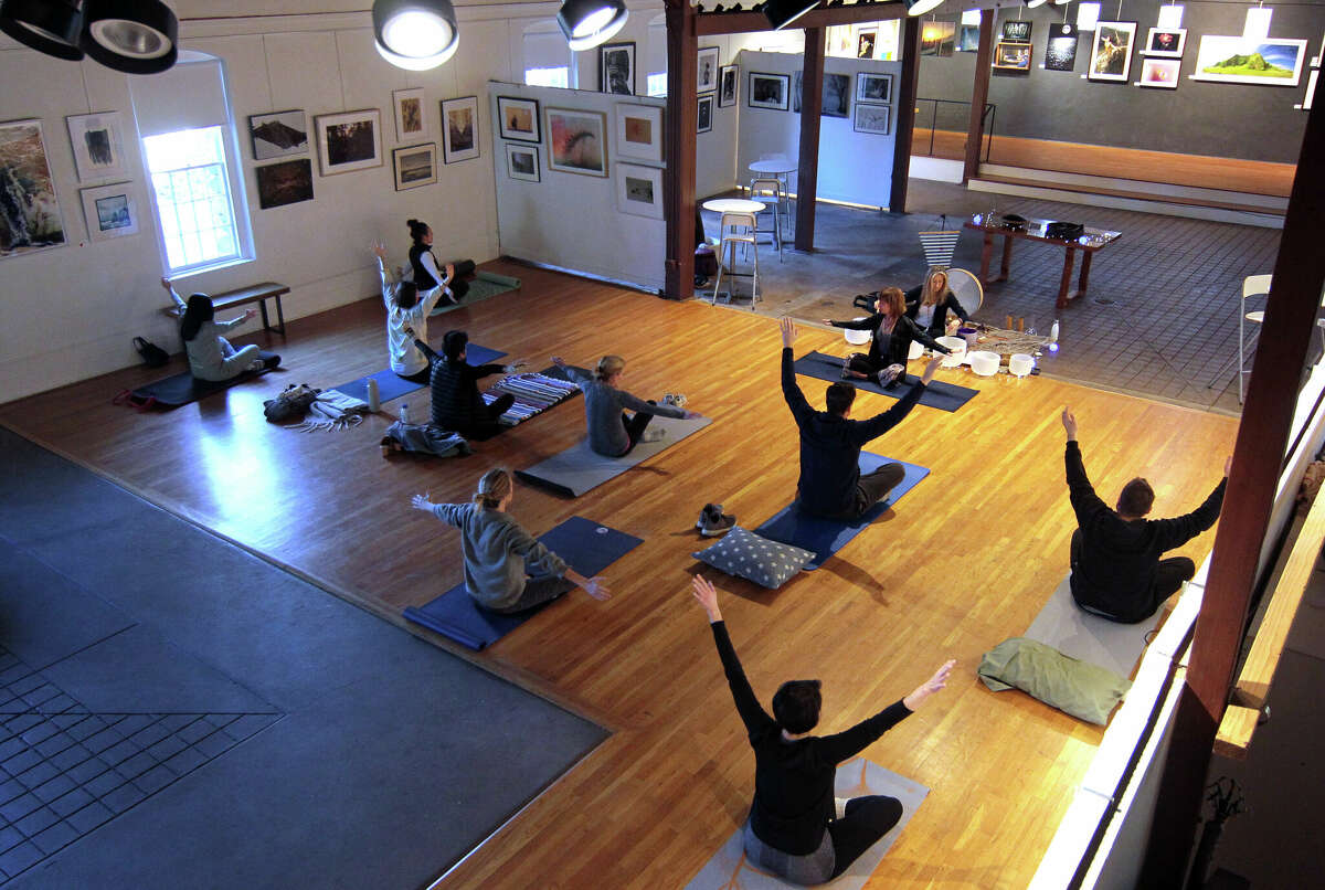Participants take part in the last session of the Gentle Yoga and Sound Bath series at the Carriage Barn Arts Center in New Canaan, Conn., on Saturday February 11, 2023. After a brief opening meditation, led by Diane Nickelberg and Catherine Barrett, everyone stretched and loosened up with a gentle yoga practice which was accompanied by the soft sounds of Crystal and Tibetan singing bowls, chimes, gongs, drums and more.