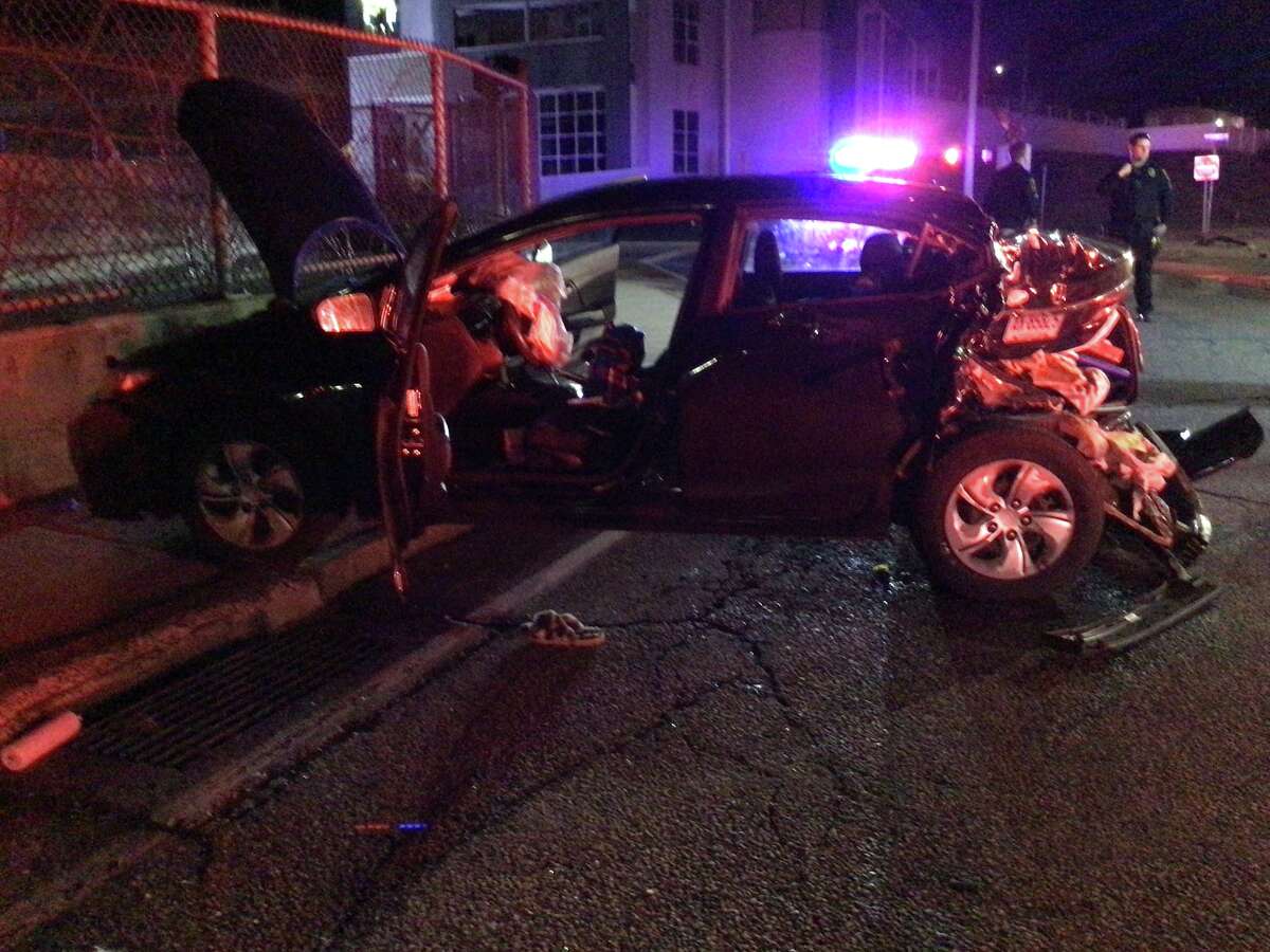 A driver was arrested after rear ending this vehicle at the intersection of West Main Street and Thames Street and fleeing the scene Friday night, the Norwich Fire Department said.