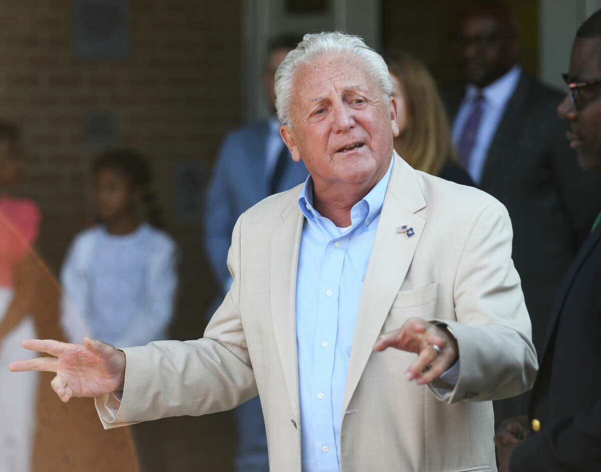 Norwalk Mayor Harry Rilling speaks during a ribbon cutting at Concord Magnet School in Norwalk, Conn. Wednesday, Aug. 31, 2022.