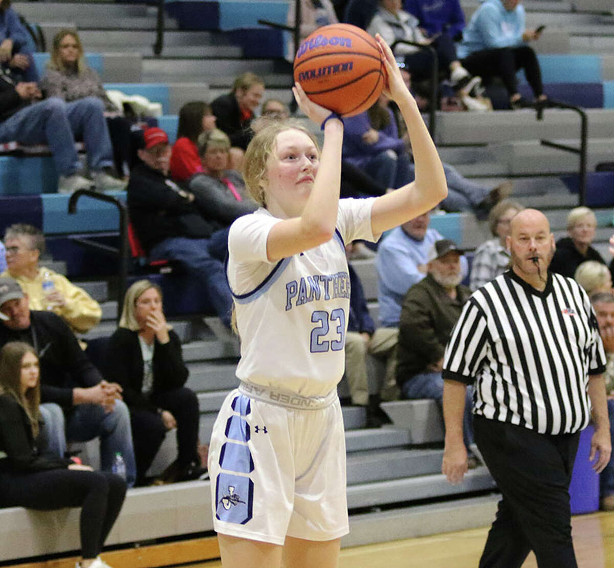 Jersey freshman Meredith Gray, shown taking a shot in a game earlier this season in Jerseyville, scored 18 points Saturday in the Panthers' regional win over Triad at Havens Gym in Jerseyville.