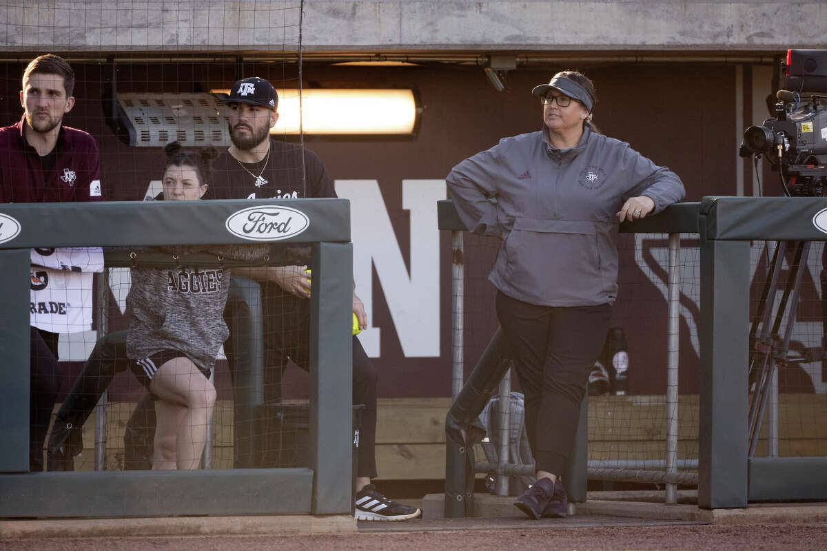Texas A&M's Trisha Ford looks on from the dugout during a game against Tarleton State. 
