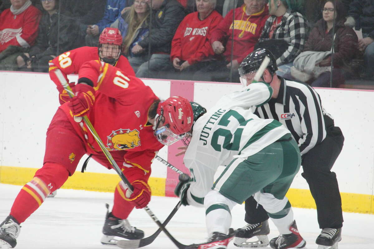 Ferris'  Brad Marek (10) and Bemidji State's Jackson Jutting (27) battle for the puck off the faceoff during Saturday's game at the Ewigleben Ice Arena.