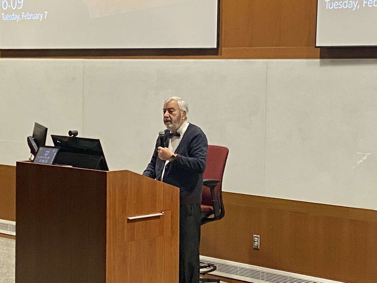 Dr. Jaime Morera speaks to the audience during the conference “La Inquisición en la Nueva España” (The Inquisition in New Spain) at TAMIU on Tuesday, Feb. 7, 2023.  