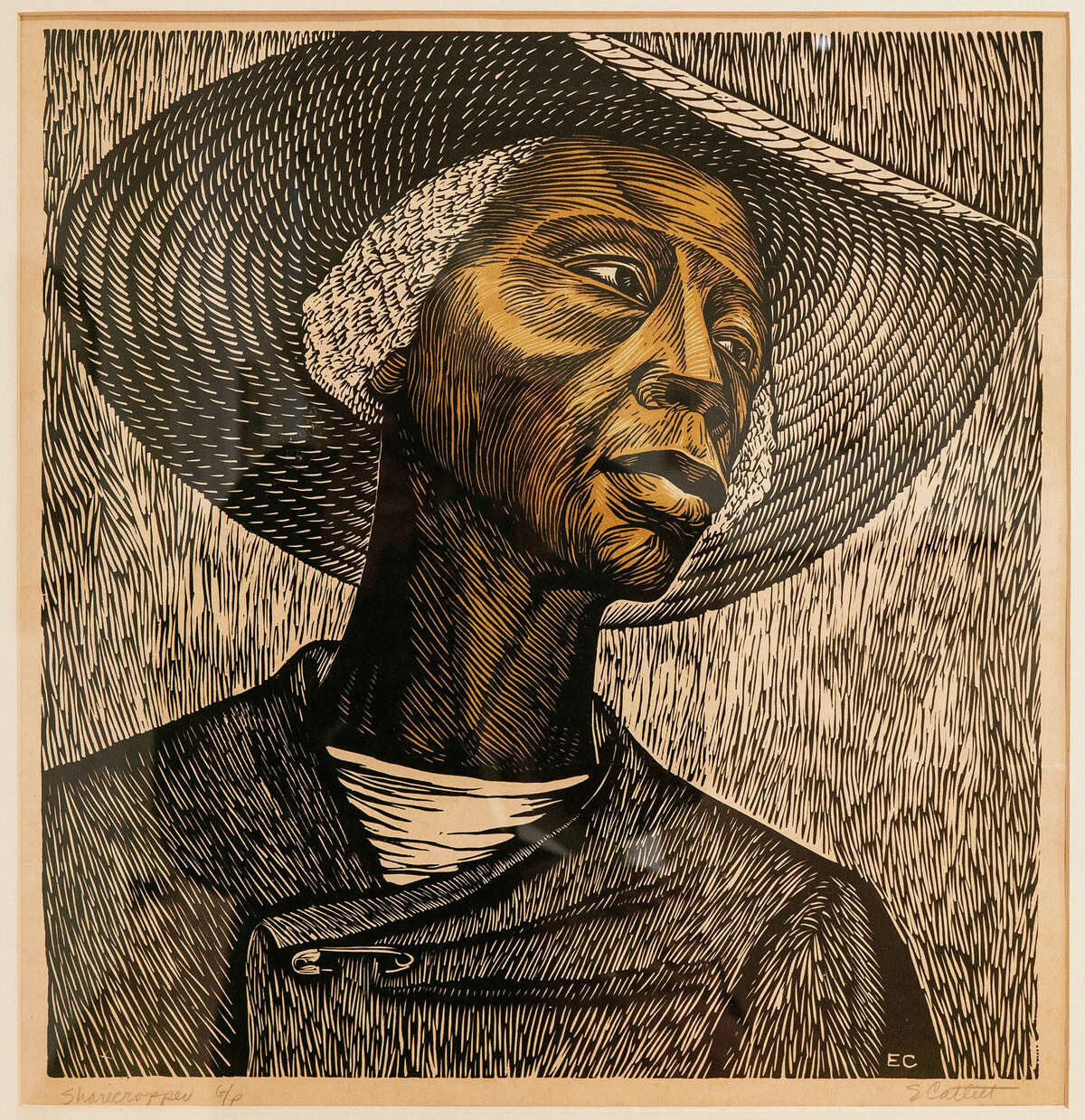 Elizabeth Catlett's "Sharecropper," a 1952 linoleum cut print at the African American Works on Paper exhibit at the Hyde Collection in Glens Falls.