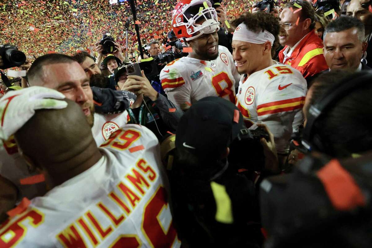 Kansas City Chiefs quarterback Patrick Mahomes in the scrum after the Super Bowl LVII win against the Philadelphia Eagles at State Farm Stadium on Sunday in Glendale, Ariz. (