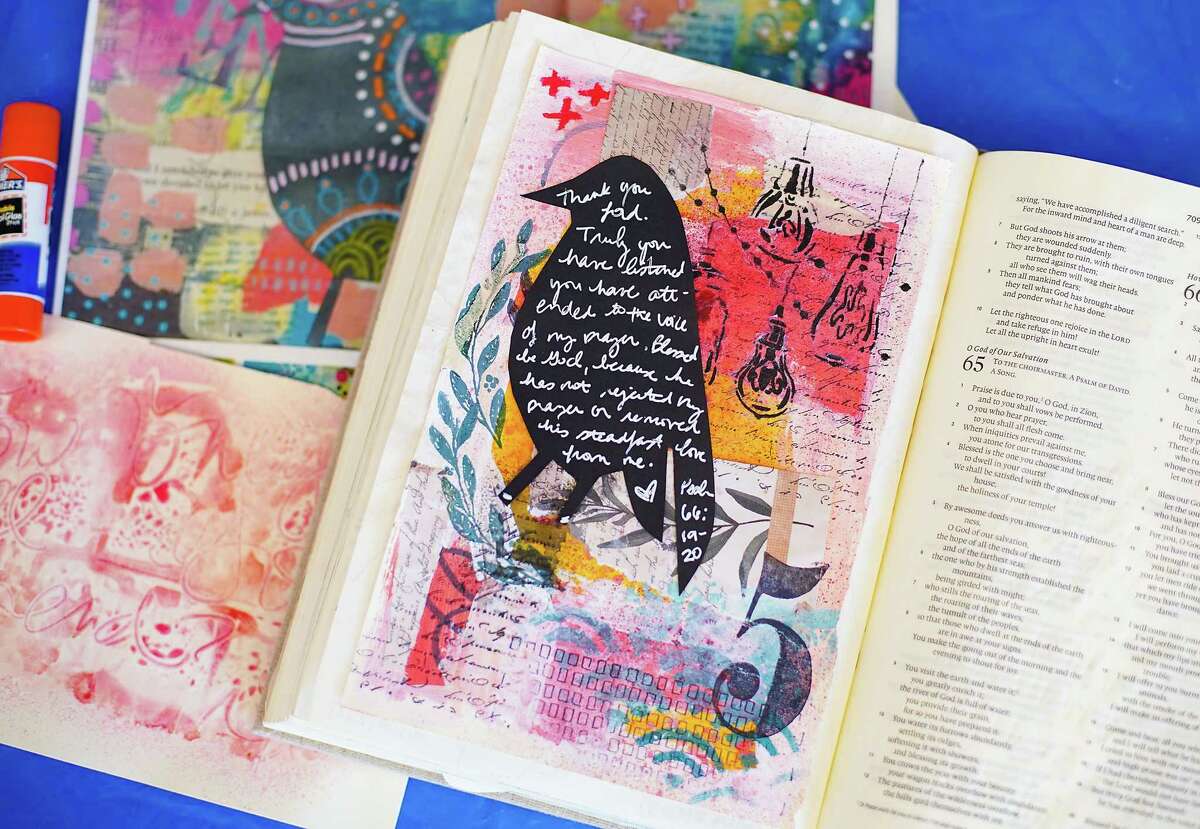 Details of a journal at West University Baptist Church that uses different mixed-media to visually process a chapter in psalms from the Bible on Sunday, Feb. 12, 2023 in Houston.